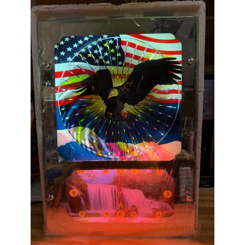 Vtg Mirror Psychedelic American Eagle Flag Motion Light Up Wall Clock Works NIB